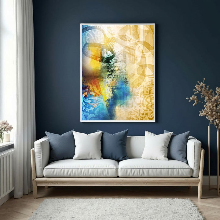 Wadi Home abstract Arabic calligraphy wall art with vibrant blues, yellows, and earthy tones, modern design.