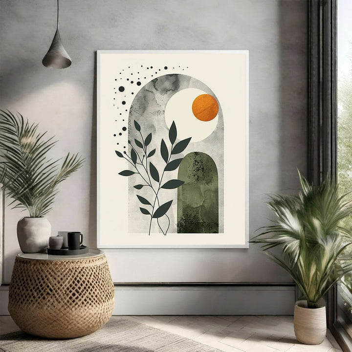 Wadi Home Abstract Arch Botanical Wall Art with muted greens, cream, and burnt orange. Minimalist design with plant motif.