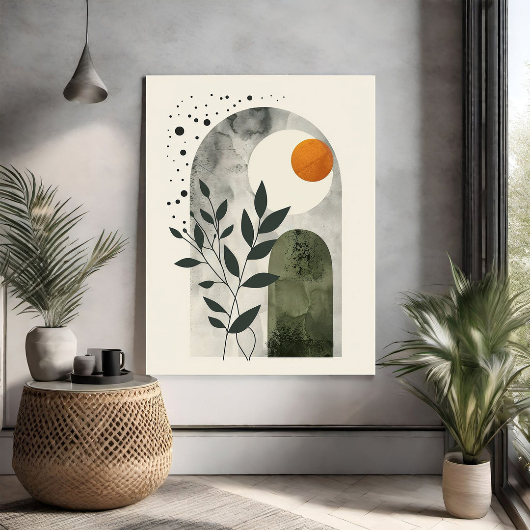 Wadi Home Abstract Arch Botanical Wall Art with muted greens, cream, and burnt orange. Modern minimalist design.