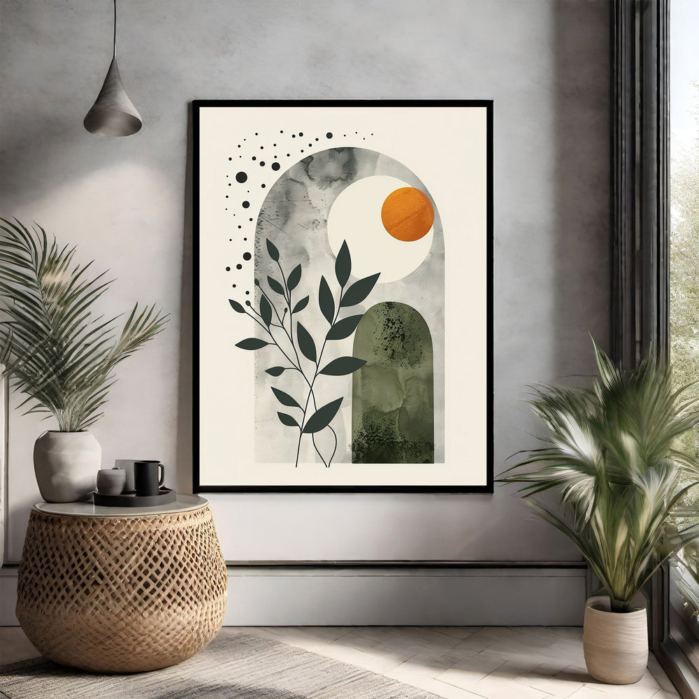 Wadi Home Abstract Arch Botanical Wall Art with muted greens, cream, and burnt orange. Minimalist design with geometric shapes and plant motif.