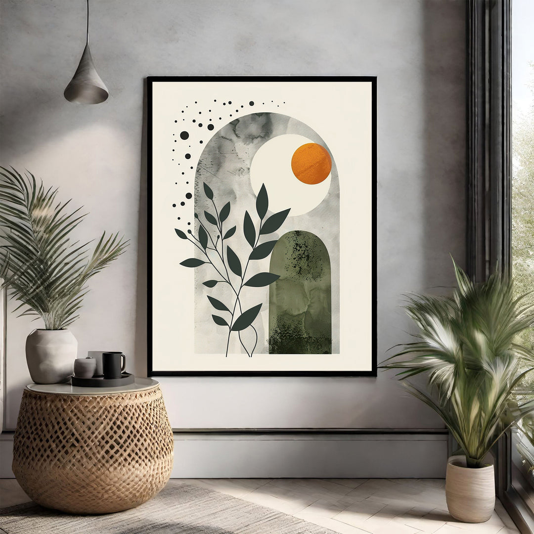 Wadi Home Abstract Arch Botanical Wall Art with muted greens, cream, and burnt orange. Minimalist design with geometric shapes and plant motif.