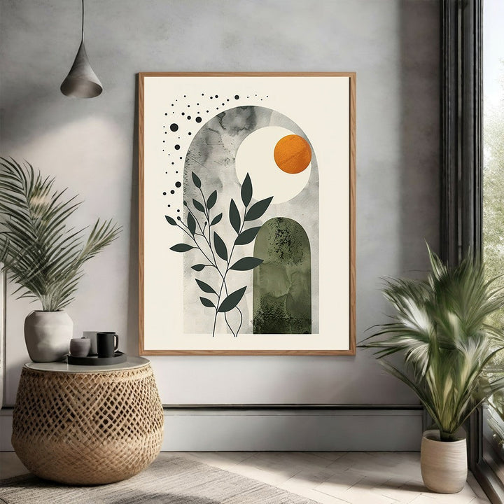 Wadi Home Abstract Arch Botanical Wall Art with muted greens, burnt orange, and cream palette. Minimalist design.