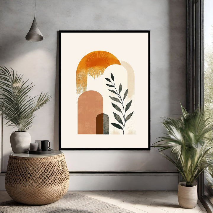 Wadi Home abstract arch botanical wall art with terracotta, beige, and green tones. Modern bohemian style.