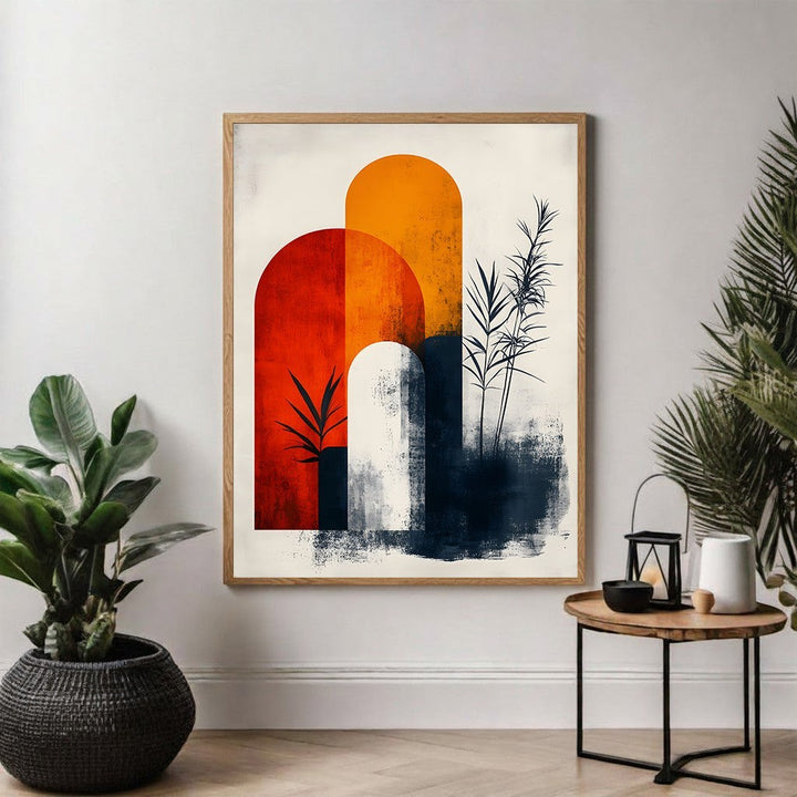 Wadi Home abstract arch botanical wall art with warm oranges, deep reds, navy blues, and botanical silhouettes.