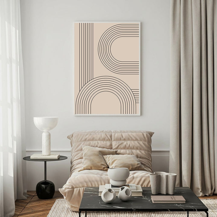 Wadi Home abstract arch geometric wall art with black lines on a beige background, modern minimalist design.