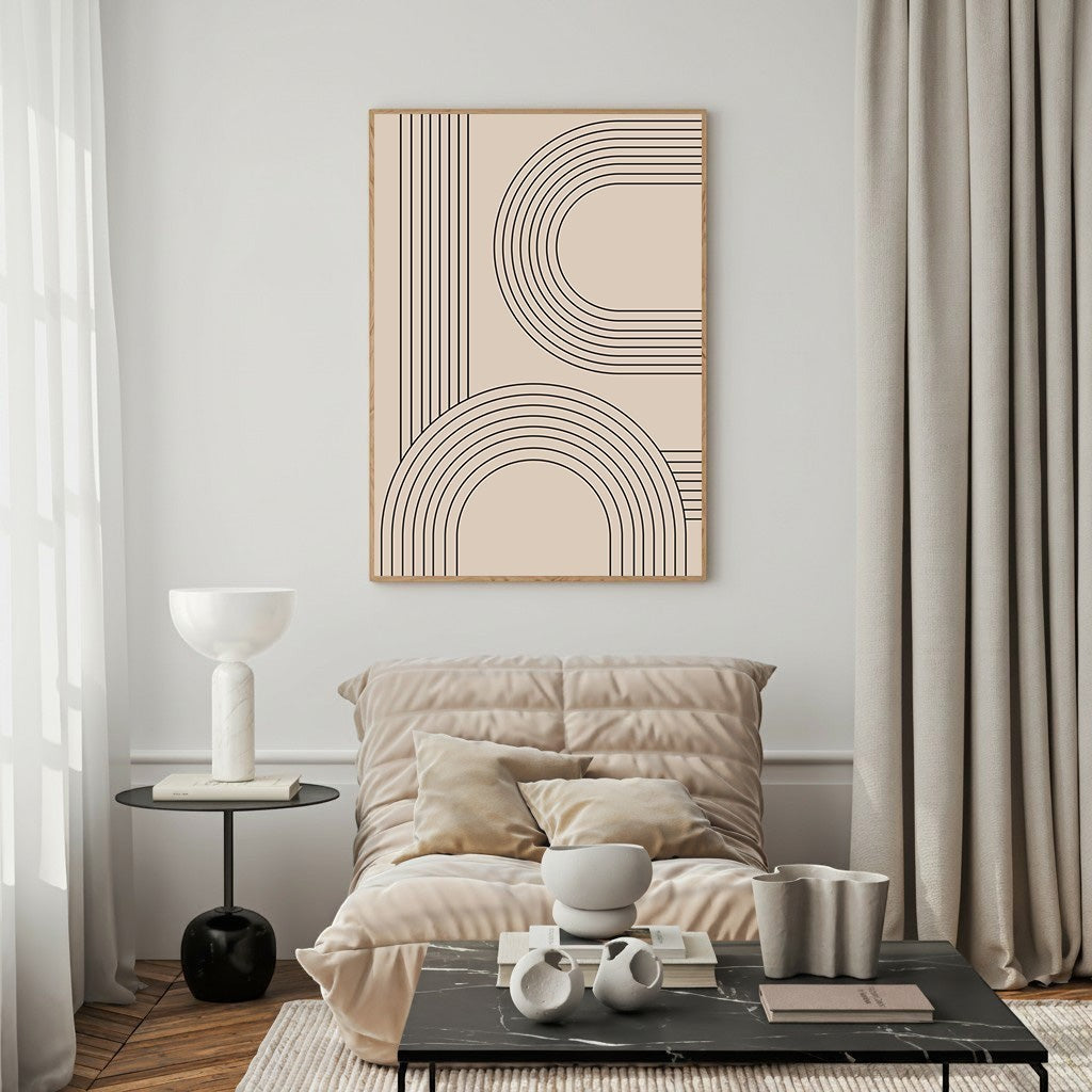 Wadi Home abstract arch geometric wall art with black lines on a beige background, framed in light wood.