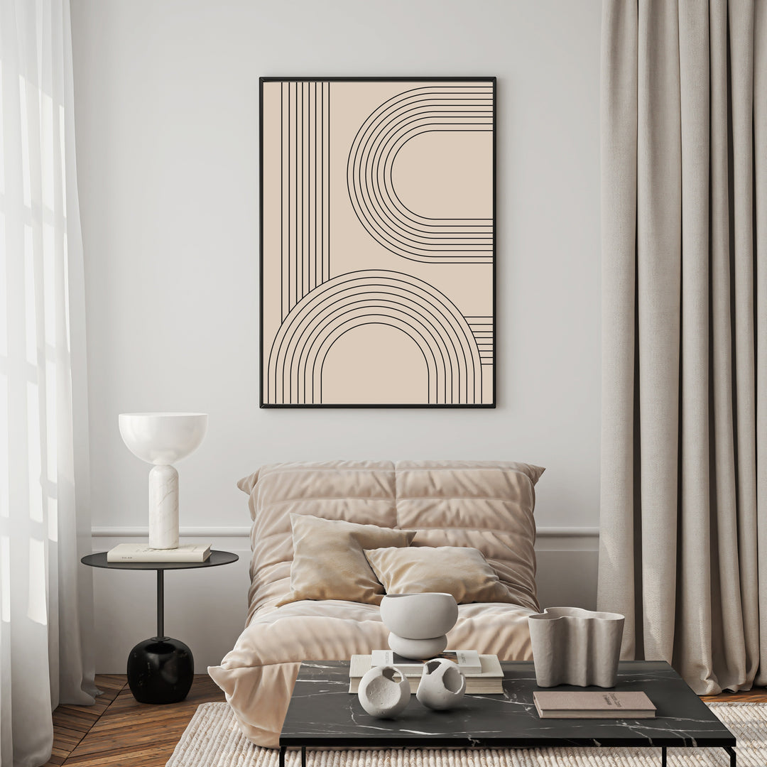 Wadi Home abstract arch geometric wall art with black lines on a beige background, framed in black.