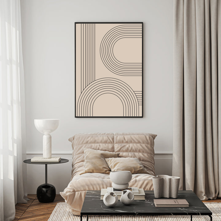 Wadi Home abstract arch geometric wall art with black lines on a beige background, framed in black.