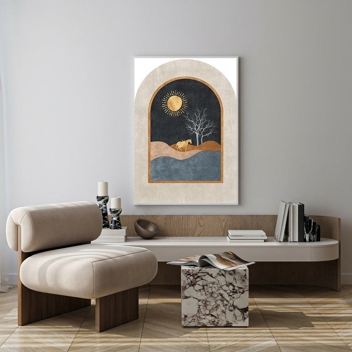 Wadi Home abstract arch landscape art with golden sun, tree, horse, beige, brown, and blue desert scene.