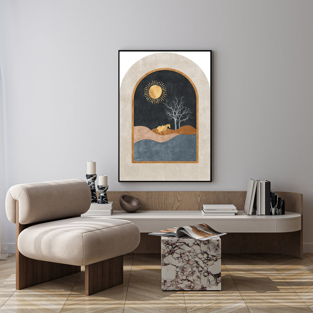 Wadi Home abstract arch landscape art with desert scene, golden sun, lone tree, horse, beige, brown, blue, and gold accents.