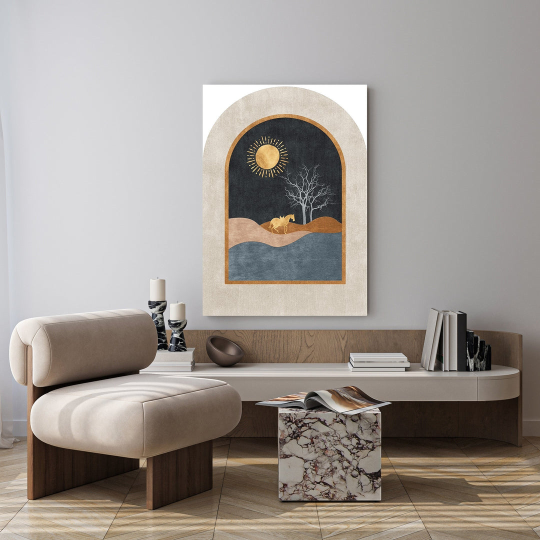 Wadi Home abstract arch landscape wall art with golden sun, tree, horse, beige, brown, and blue tones.