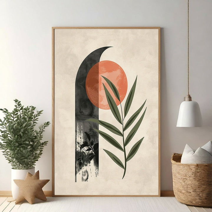 Wadi Home Abstract Arch and Leaf Wall Art with a terracotta sun and green leaf motif on a textured cream background.