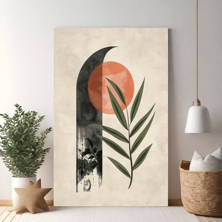 Wadi Home Abstract Arch and Leaf Wall Art with terracotta sun and green leaves on beige background.
