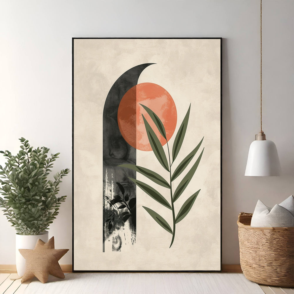 Wadi Home Abstract Arch and Leaf Wall Art with orange sun and green leaves on textured cream background.