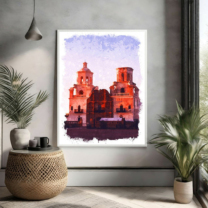 Wadi Home abstract architectural building artwork with watercolor-inspired design in warm tones.