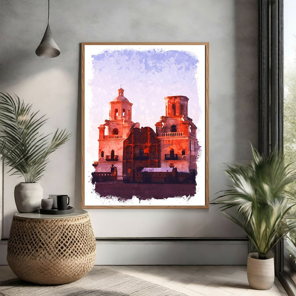 Wadi Home abstract architectural building artwork in watercolor style, featuring warm tones and bold brushstrokes.