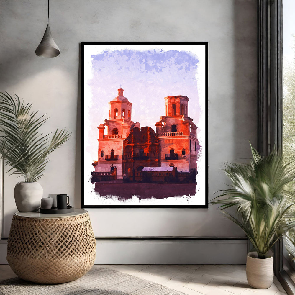 Wadi Home abstract architectural building artwork in watercolor style, featuring warm red and orange tones with purple accents.