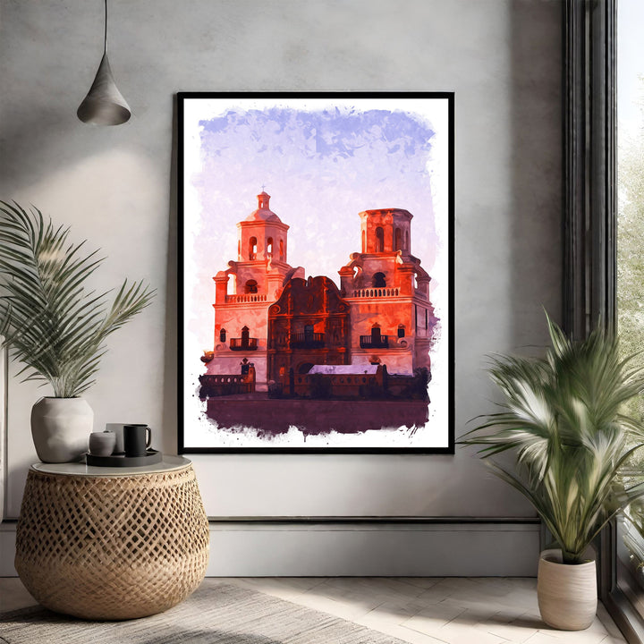 Wadi Home abstract architectural building artwork in watercolor style, featuring warm red and orange tones with purple accents.