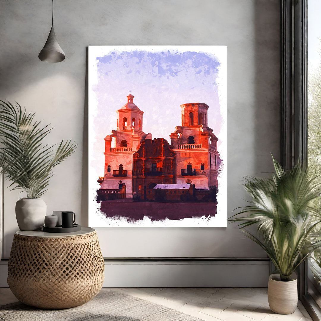 Wadi Home abstract architectural building artwork, watercolor style, warm red and purple tones, historic structure with towers.