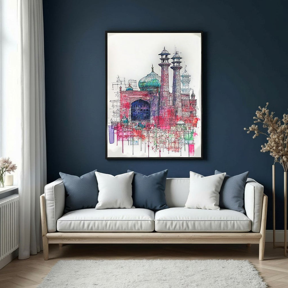Wadi Home abstract architectural watercolor painting with red, blue, and green washes on white background.