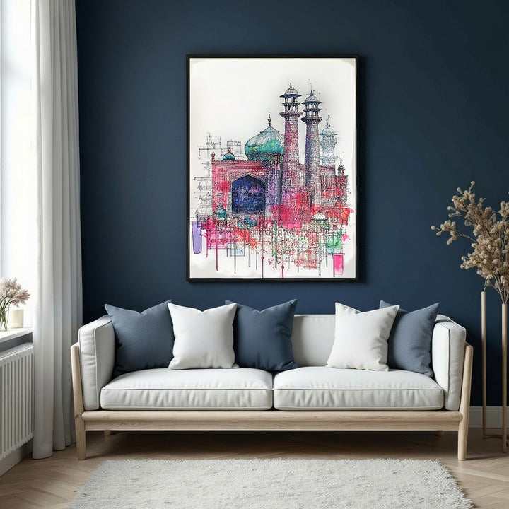 Wadi Home abstract architectural watercolor painting with red, blue, and green washes on white background.