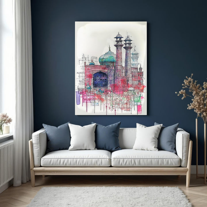 Wadi Home abstract architectural watercolor painting with bold reds, blues, and greens.