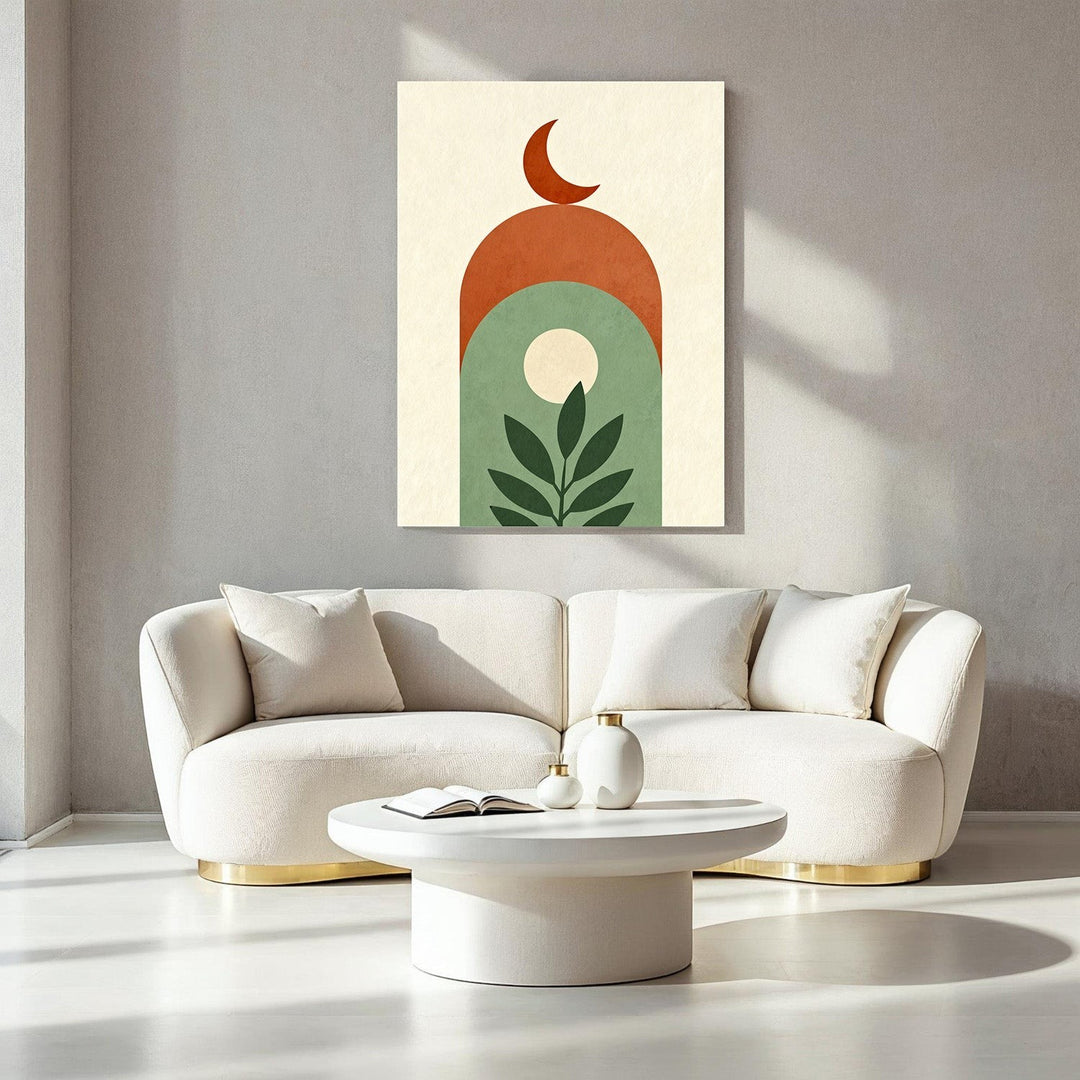 Wadi Home Abstract Archway Botanical Moon Wall Art with rust, sage green, and cream tones. Modern bohemian style.