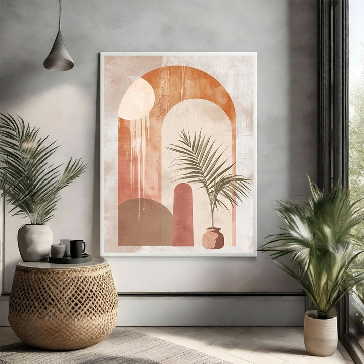 Wadi Home abstract archway botanical wall art in terracotta and neutral tones with painterly texture.
