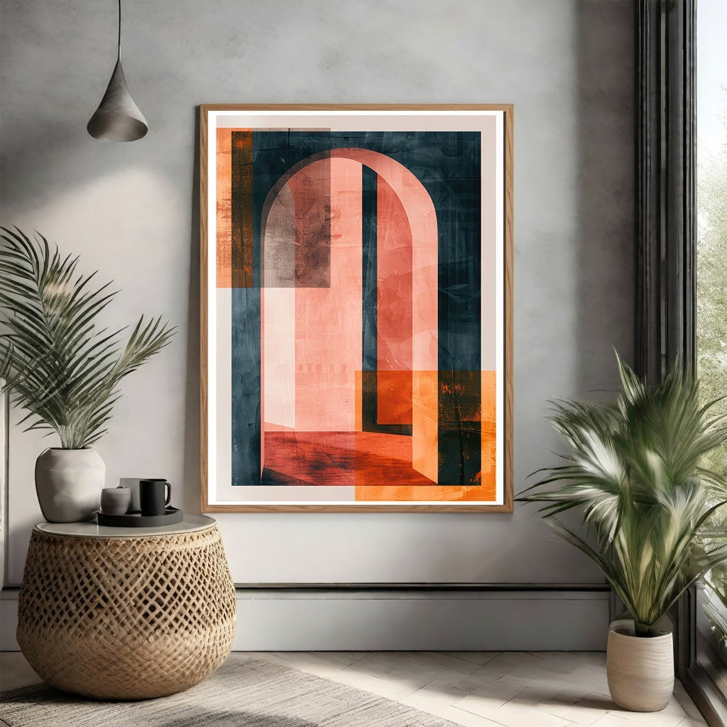 Wadi Home abstract archway geometric wall art with coral, navy, and orange hues. Textured finish.
