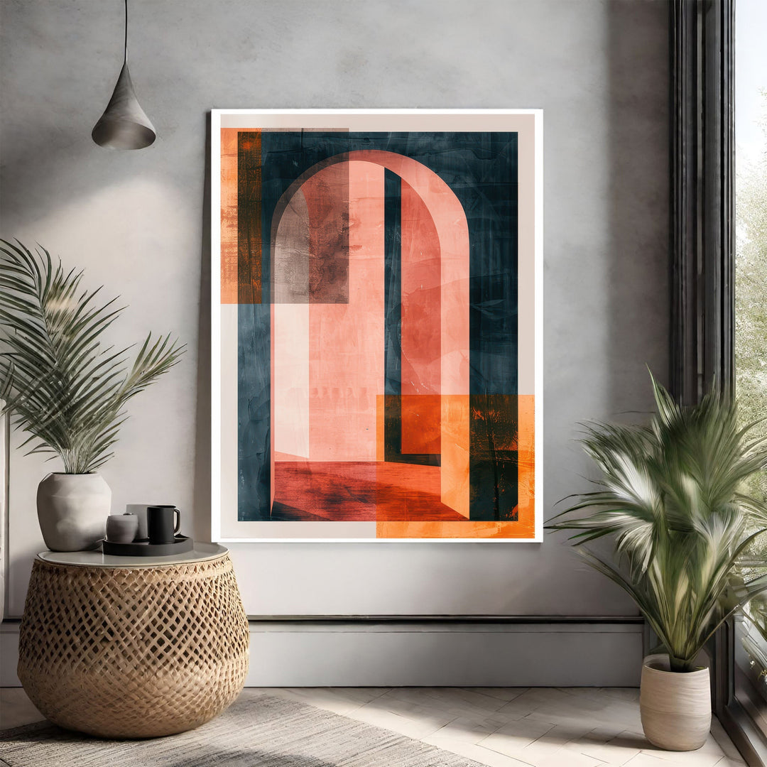 Wadi Home Abstract Archway Geometric Wall Art with coral, navy, and orange hues. Textured finish.