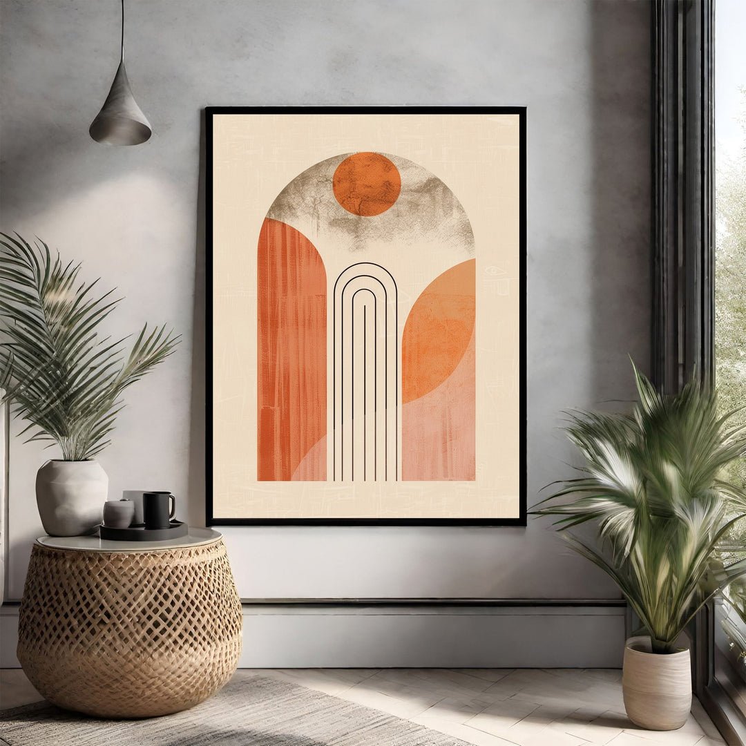 Wadi Home Abstract Archway Geometric Wall Art print with terracotta, beige, and orange tones. Features minimalist arch motif and sun-like circle.