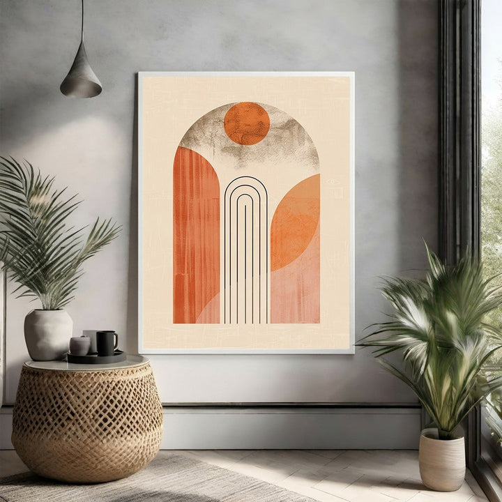 Wadi Home abstract archway geometric wall art with terracotta, beige, and orange tones. Features minimalist design with sun motif.