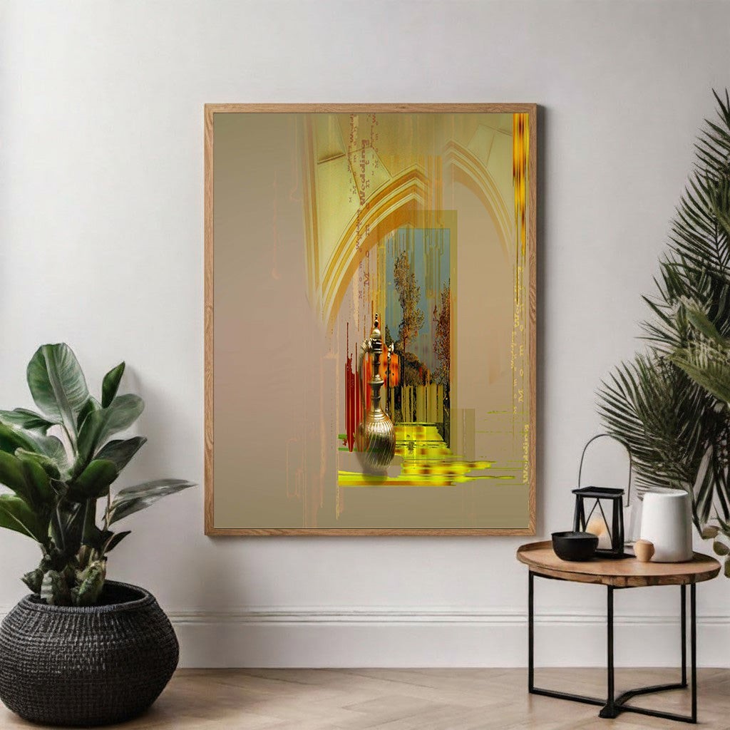 Wadi Home abstract archway art print with golden accents and warm neutral tones. Modern wall art.
