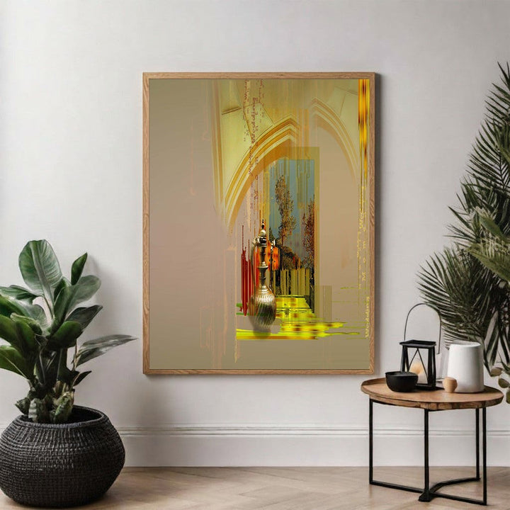 Wadi Home abstract archway art print with golden accents and warm neutral tones. Modern wall art.