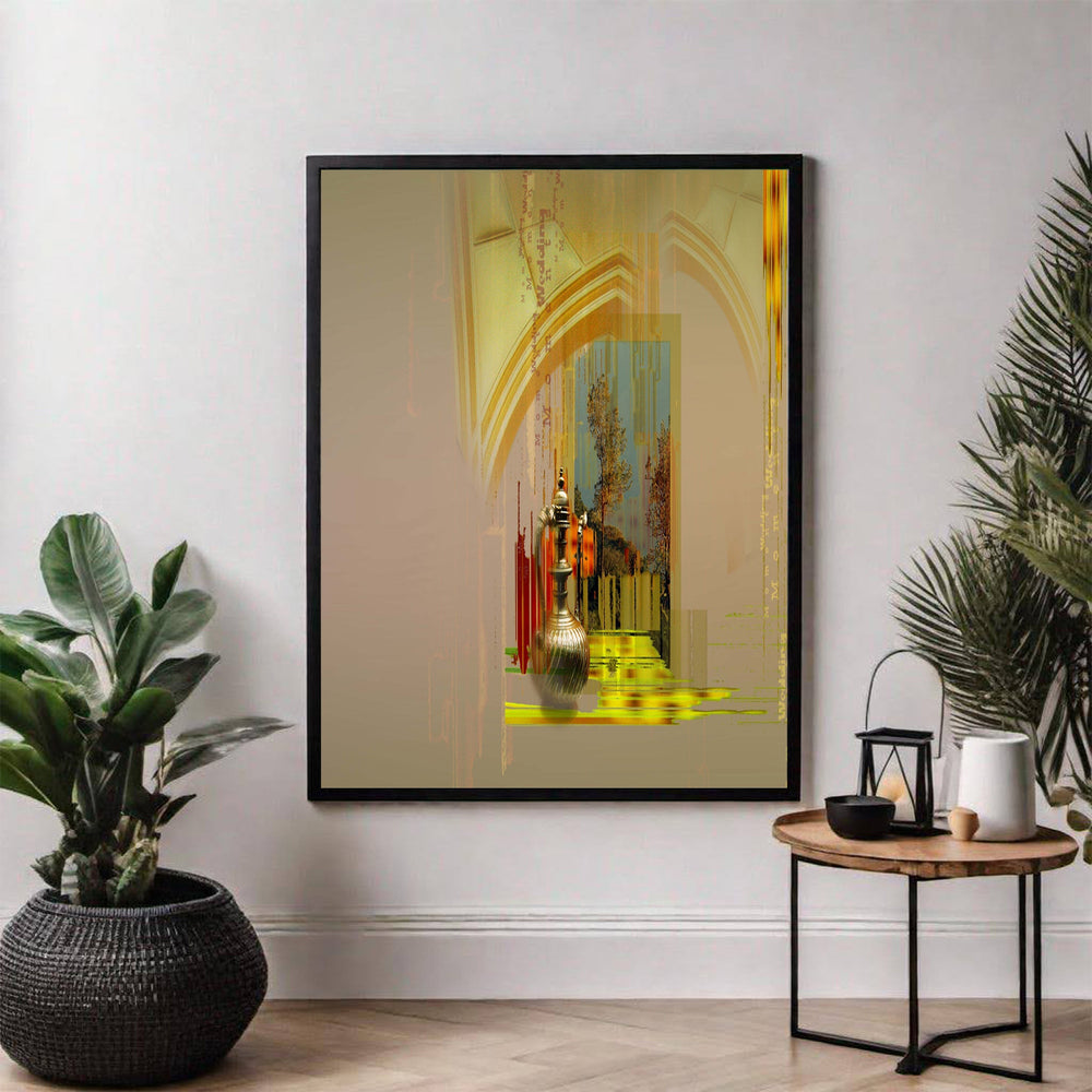 Wadi Home abstract archway art print with golden accents, featuring architectural elements and shimmering metallic details in warm neutral tones.