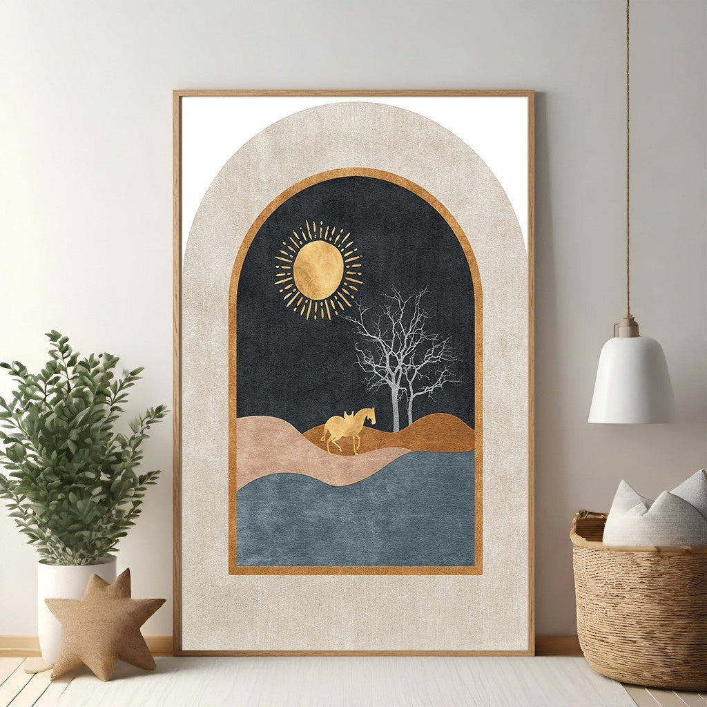 Wadi Home abstract archway landscape art with golden horse, tree, and sun. Earthy tones of blue, tan, and gold.