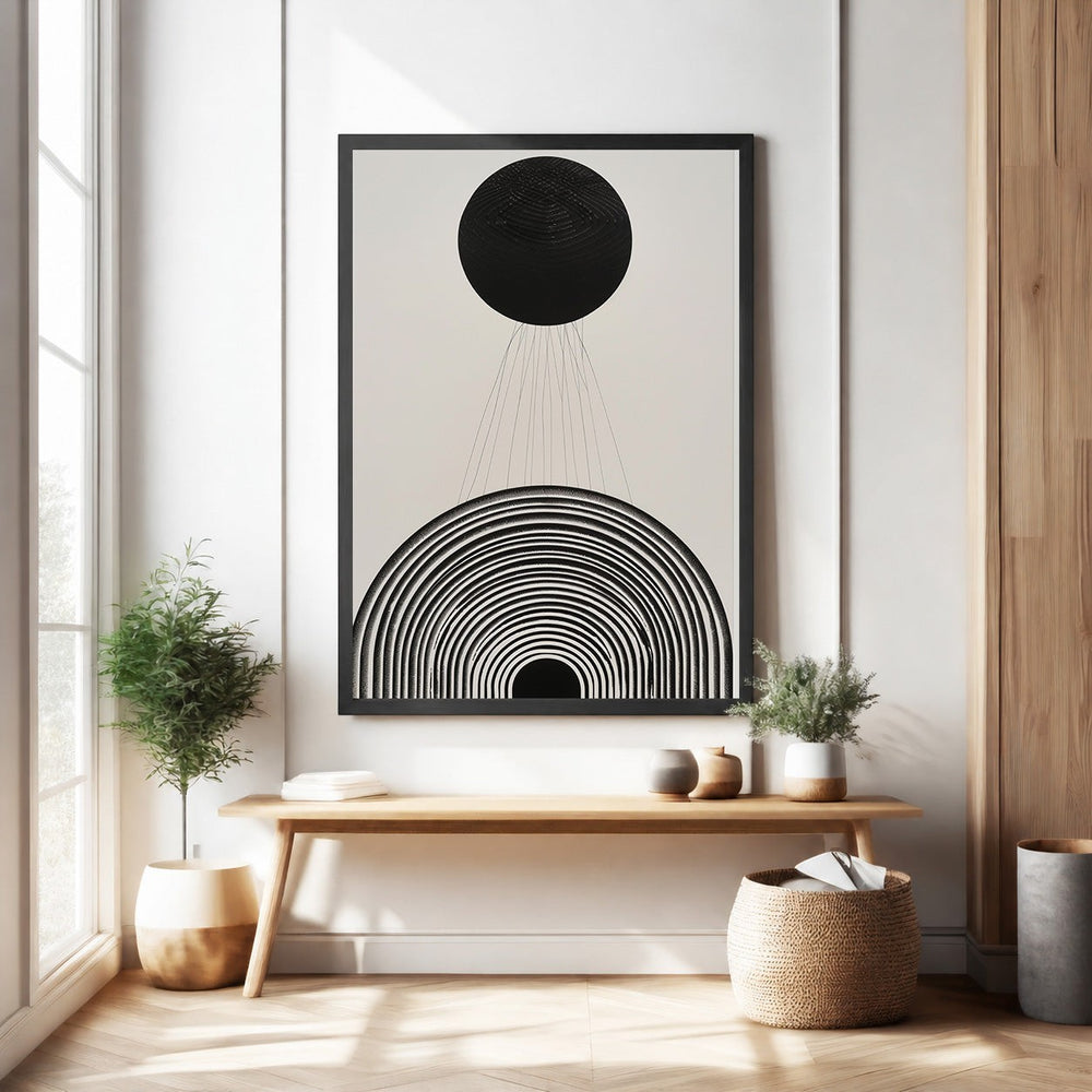 Wadi Home abstract wall art with concentric arches and a black circle. Monochromatic geometric design.