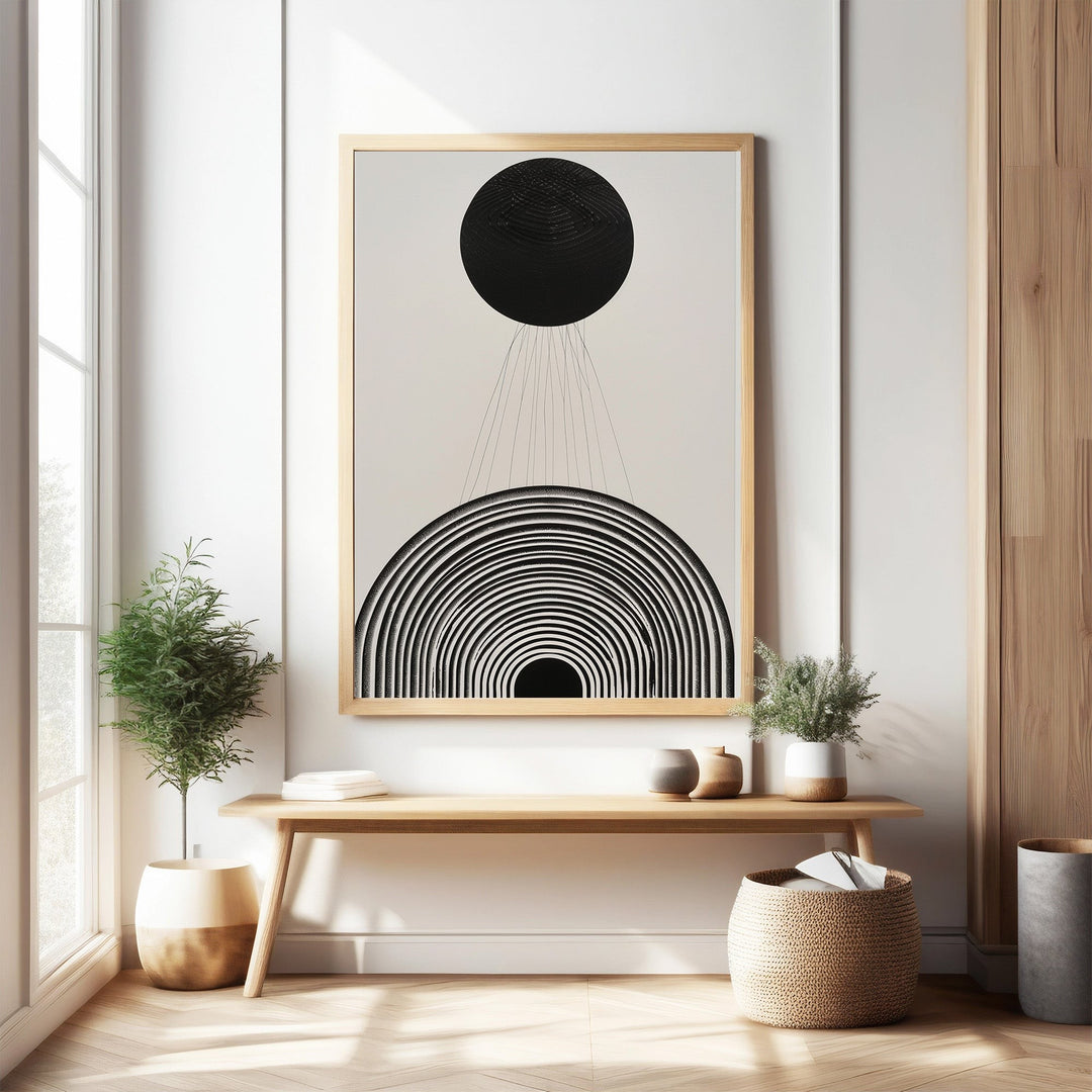 Wadi Home abstract wall art with concentric arches and a black circle, modern minimalist design.