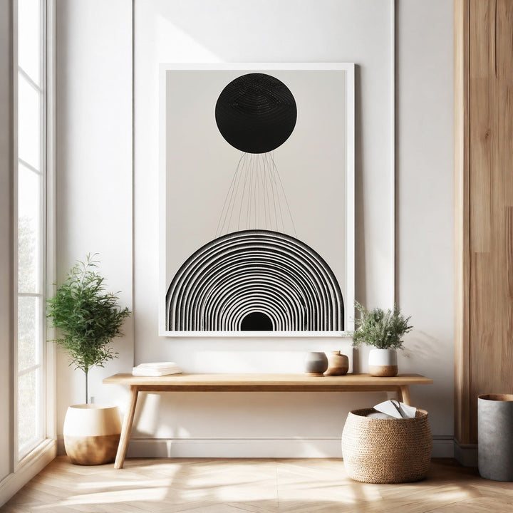 Wadi Home Abstract Archway Wall Art with black concentric arches and a black circle.
