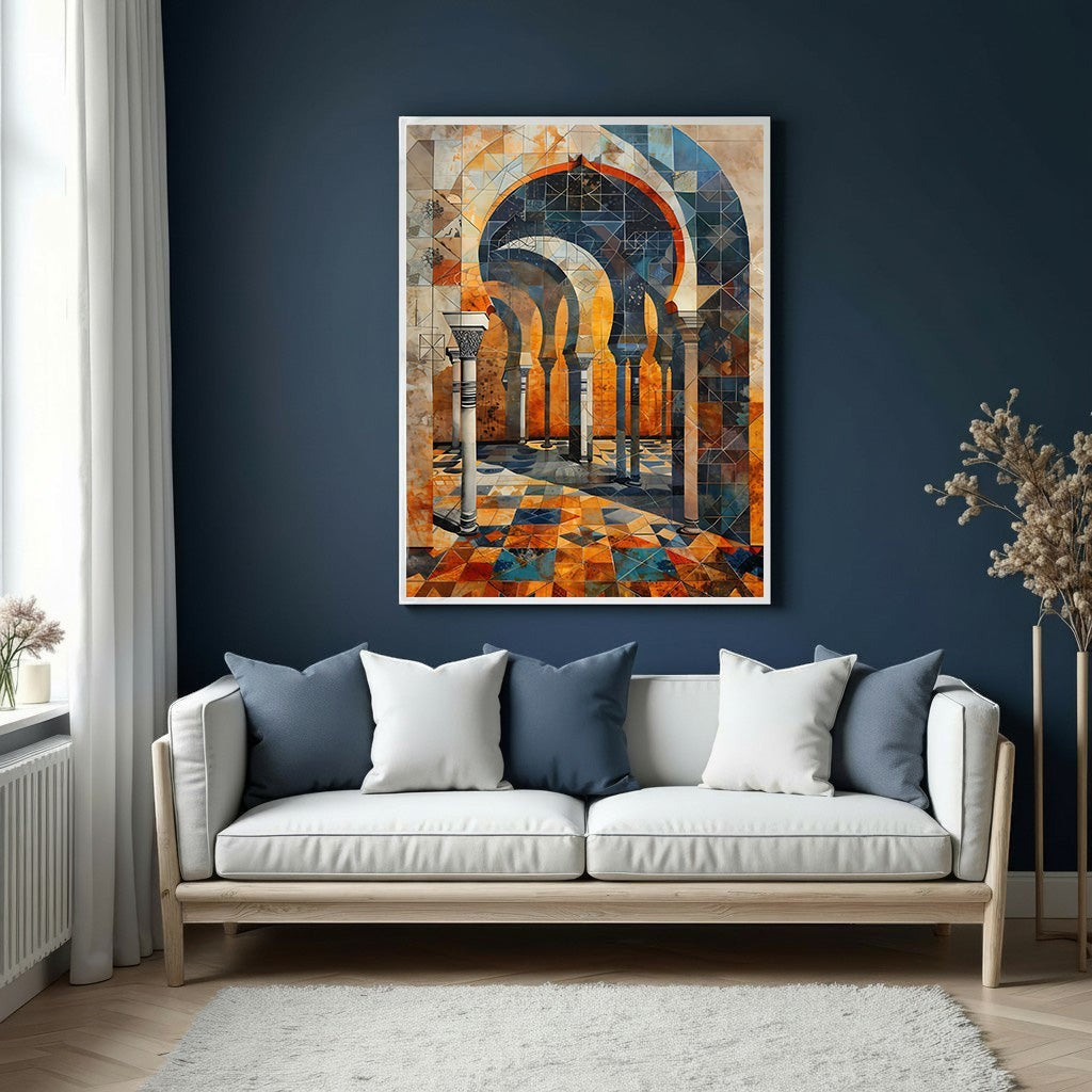 Wadi Home abstract archway wall art with geometric Moorish architecture in oranges, blues, and earthy tones.