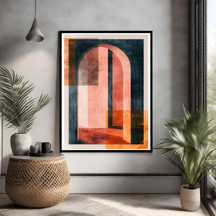 Wadi Home Abstract Archway Geometric Wall Art with coral, navy, and orange hues. Textured finish.