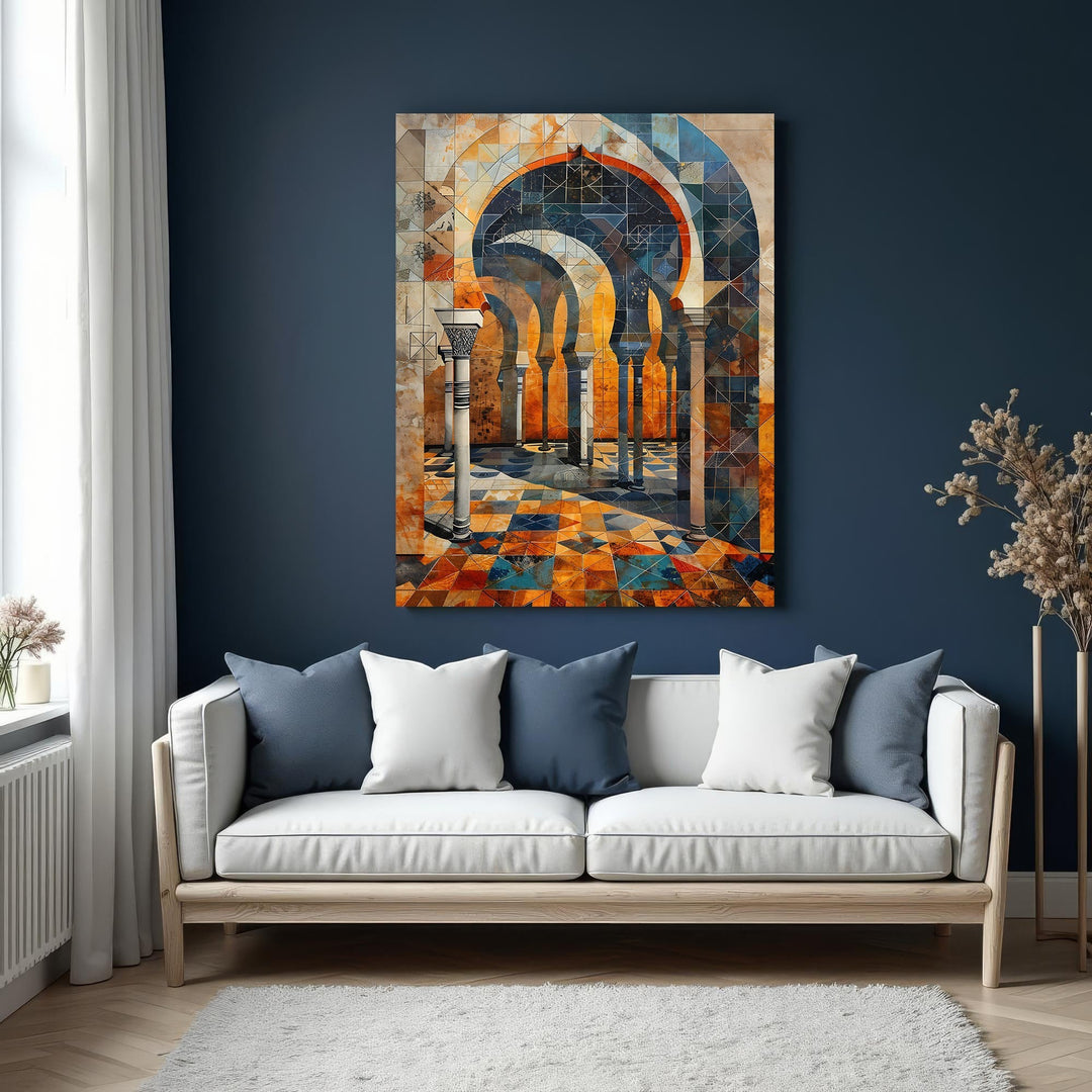 Wadi Home abstract archway wall art with geometric Moorish architecture in warm oranges, blues, and earthy tones.