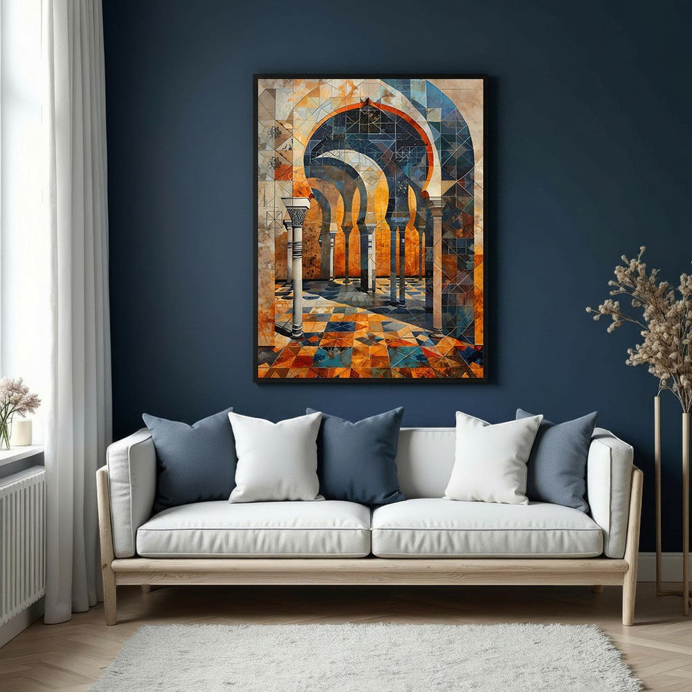 Wadi Home abstract archway wall art with geometric Moorish architecture in warm oranges, blues, and earthy tones.