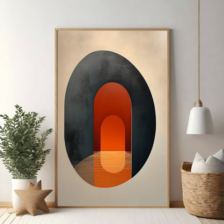 Wadi Home abstract wall art featuring warm orange archways receding into a charcoal oval on a neutral background.