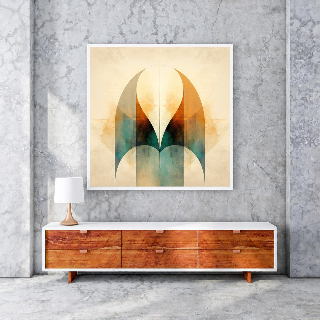 Wadi Home Abstract Archway Wall Art with geometric design in warm oranges, teals, and browns, watercolor texture.