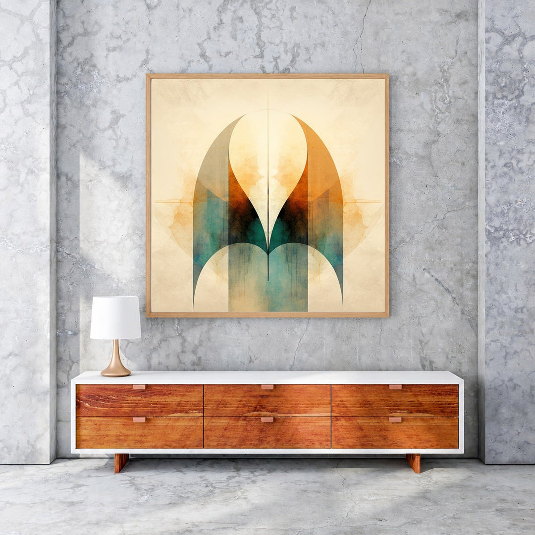 Wadi Home Abstract Archway Wall Art with warm oranges, teals, and browns, watercolor texture.