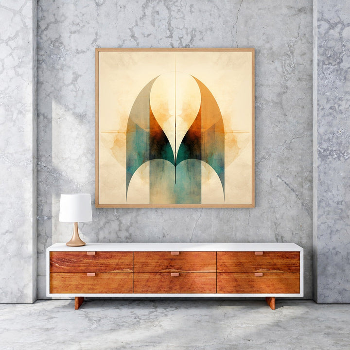 Wadi Home Abstract Archway Wall Art with warm oranges, teals, and browns, watercolor texture.