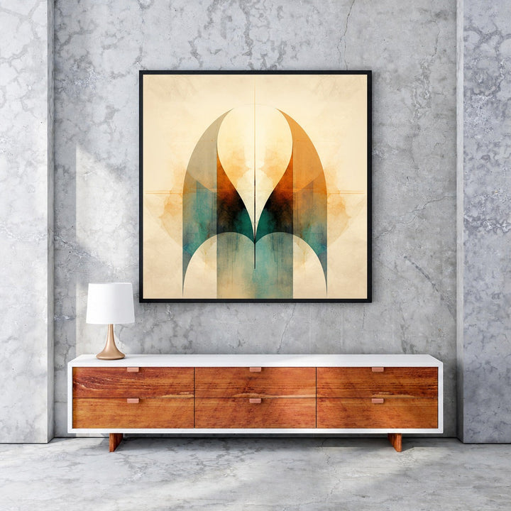 Wadi Home Abstract Archway Wall Art with warm oranges, teals, and browns, watercolor texture.
