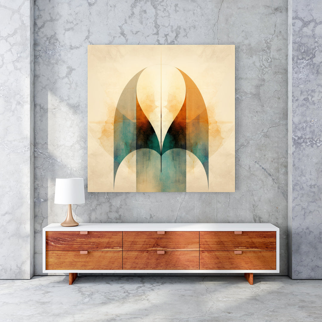 Wadi Home abstract archway wall art with warm oranges, teals, and browns, watercolor texture.