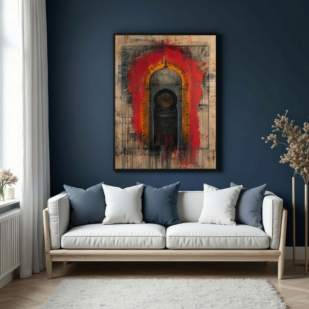 Wadi Home Abstract Archway Wall Art with red and gold accents, textured design.